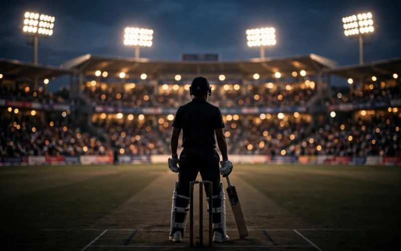 A cricket stadium at dusk with floodlights, a batsman silhouetted at the crease.