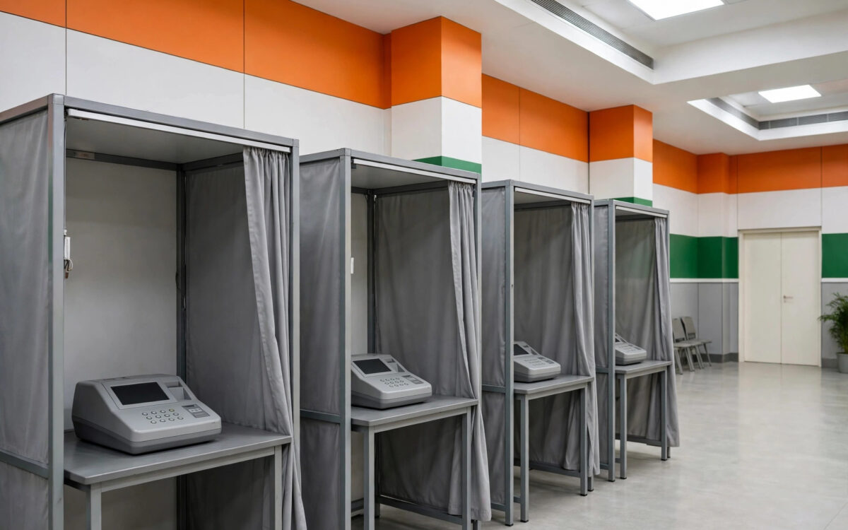 Voting booths and electronic voting machines in an Indian government hall
