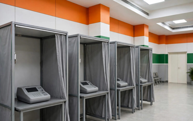 Voting booths and electronic voting machines in an Indian government hall