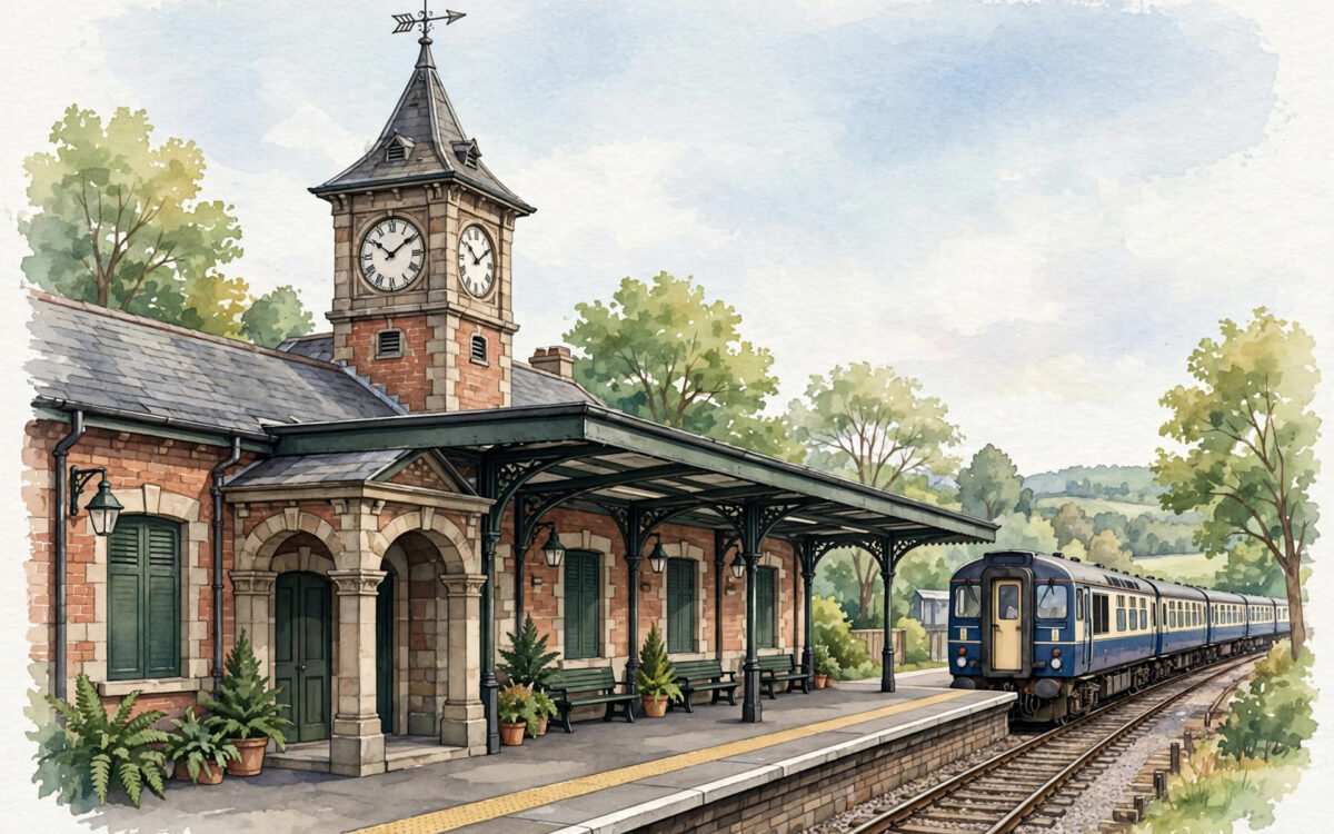 Illustration of a railway station platform with a train and a clock