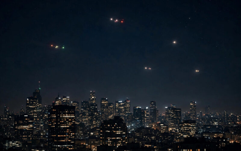 Illustration of a night sky with small glowing aircraft lights over a city skyline.
