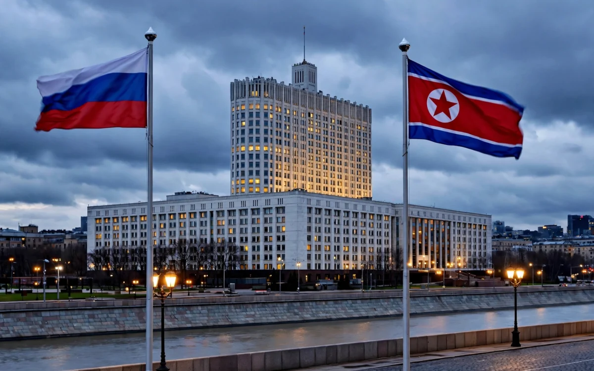 Russian and North Korean flags flying side by side outside a Moscow government building at dusk.