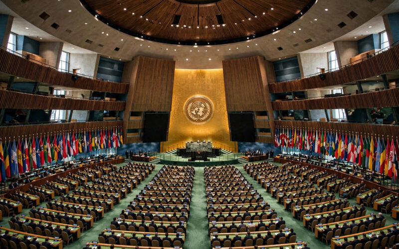 UN General Assembly hall with delegates and national flags during a diplomatic session