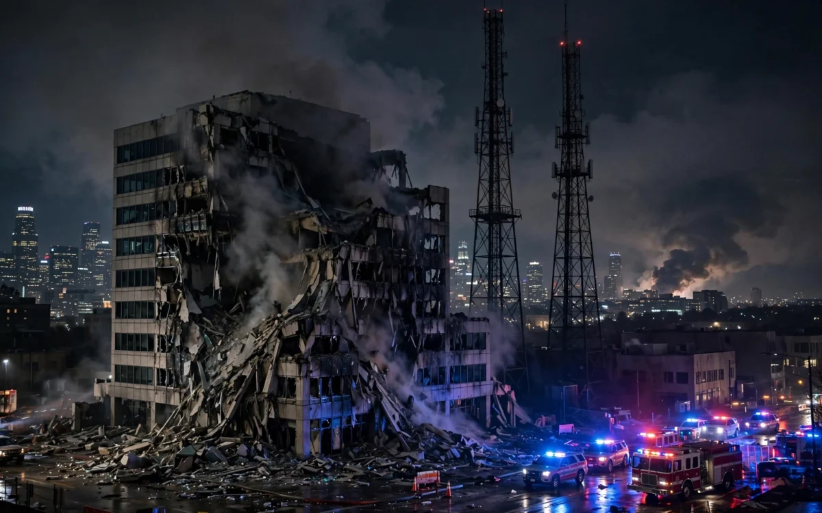 Smoke rises over damaged buildings in Kyiv after strikes on telecom infrastructure.