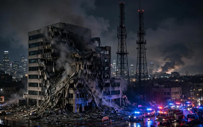 Smoke rises over damaged buildings in Kyiv after strikes on telecom infrastructure.