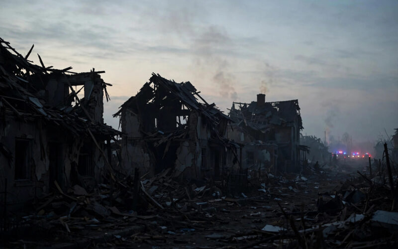 Damaged residential buildings at dawn with emergency lights in the distance