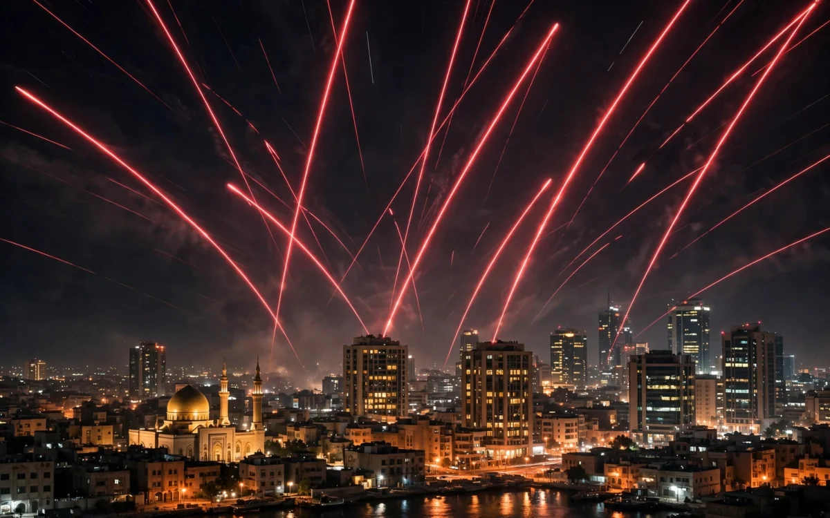 Saudi air defence interceptors firing into the night sky over a city