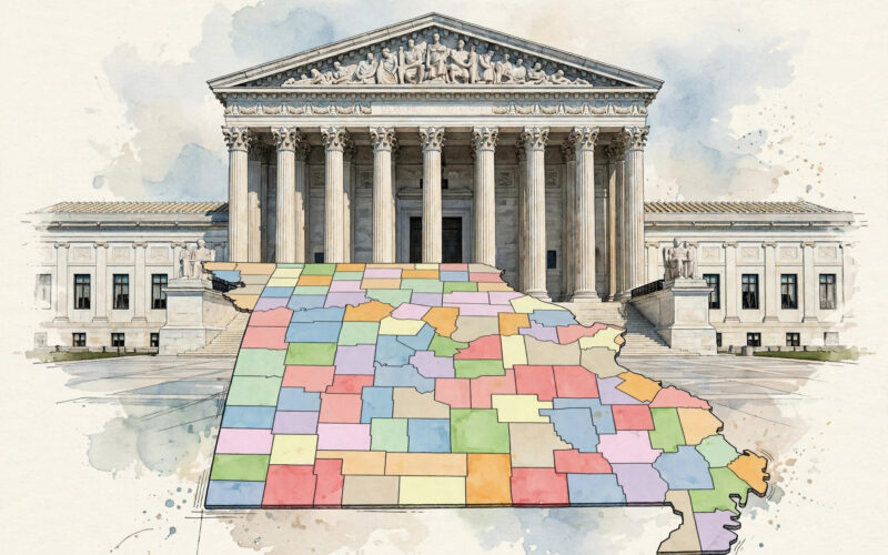 An illustration of the US Supreme Court building with a Missouri map of district shapes overlaid.