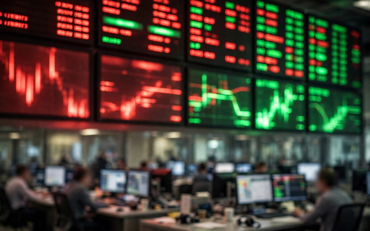 Stock market trading floor with ticker screens during Nifty's seventh weekly loss