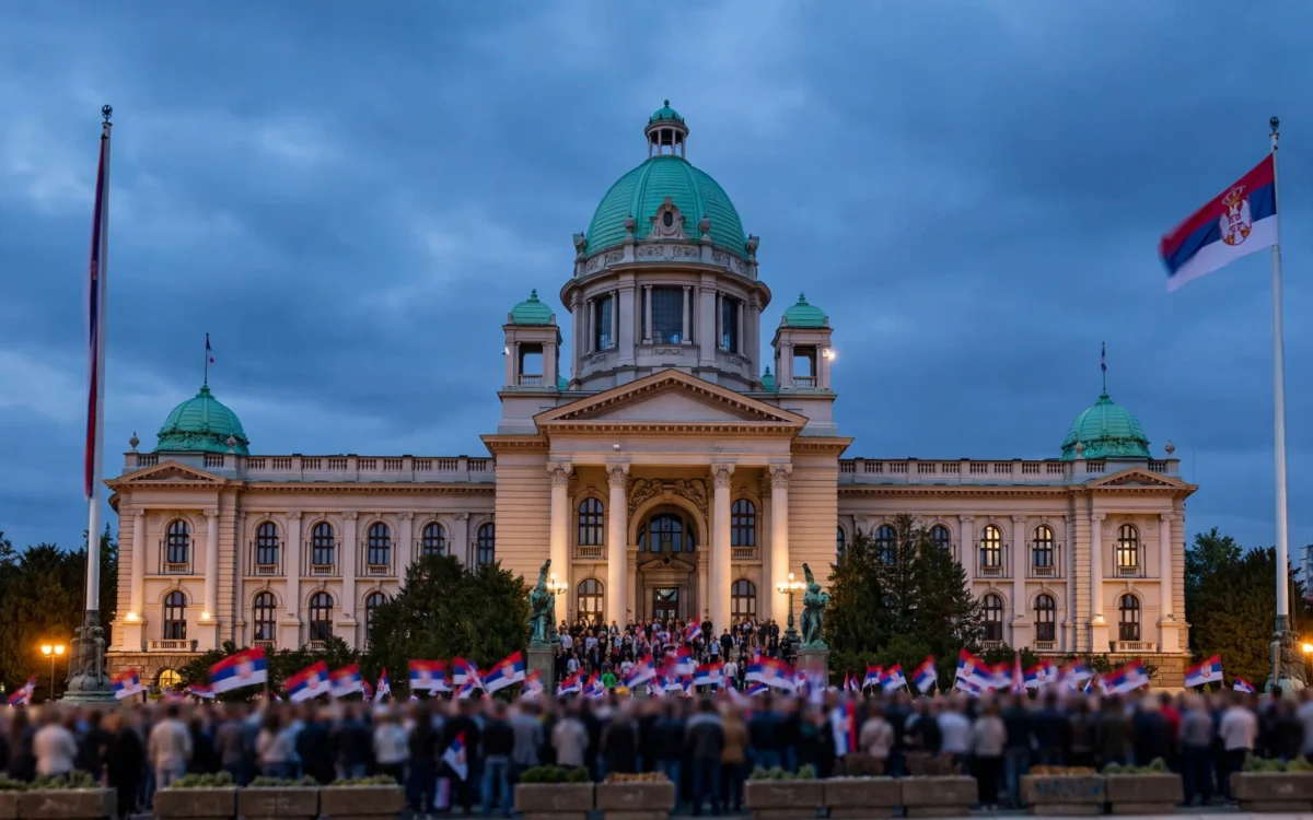 Serbian government building in Belgrade with supporters waving flags