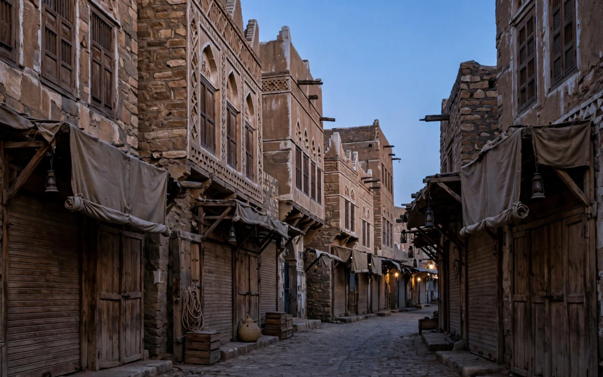 Quiet Yemeni market street at dusk with old stone buildings and closed wooden stalls.