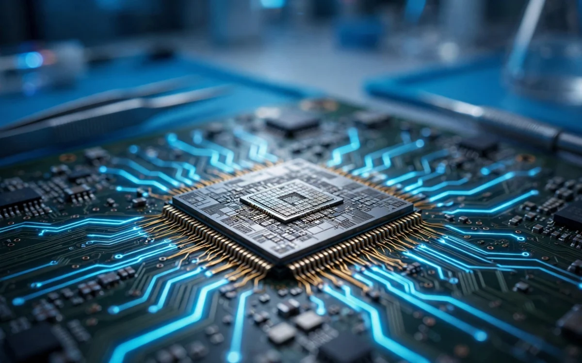 Close-up of a silicon microchip with glowing circuit traces on a circuit board.