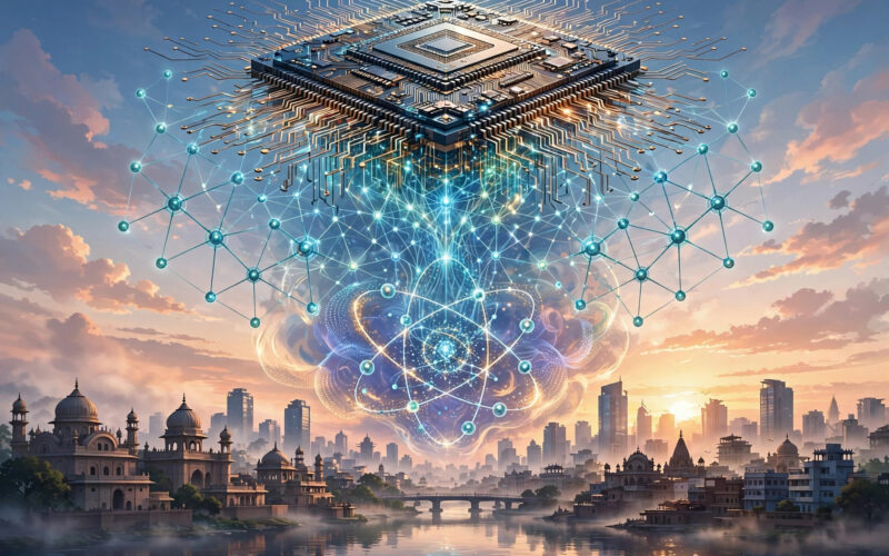An illustration of a chip, neural network nodes and a quantum symbol over an Indian city skyline at dawn.