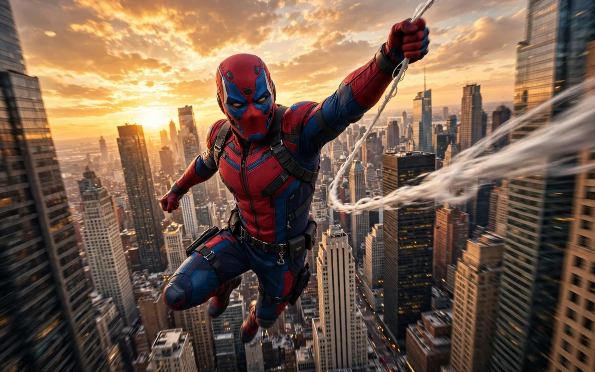 A masked superhero in red and blue swinging between city skyscrapers at sunset.
