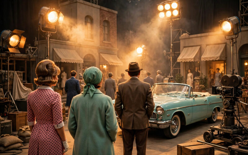 A stylized 1960s period film set with a vintage convertible car