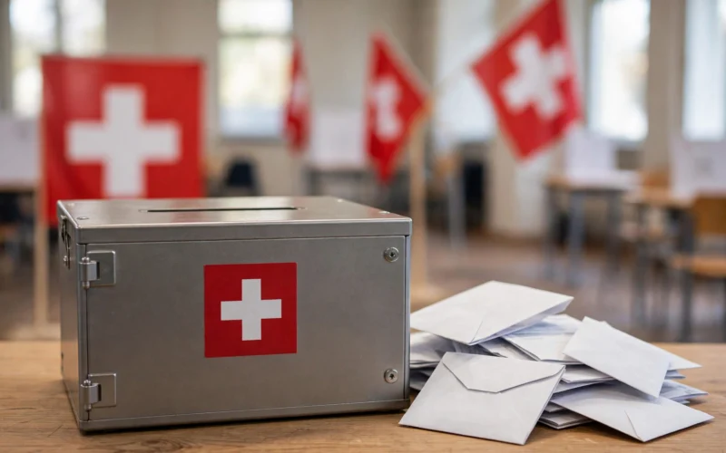A Swiss ballot box with voting papers beside it at a polling station.