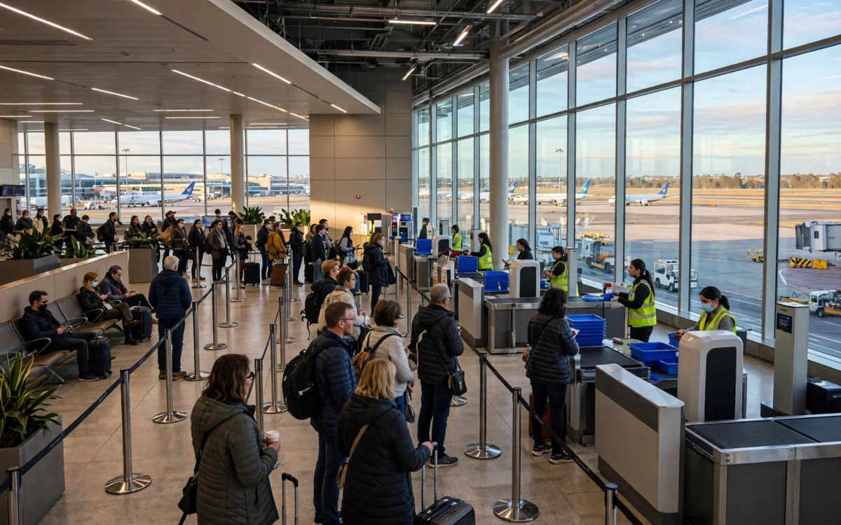 Passengers queuing at security screening lanes inside Sydney Airport.