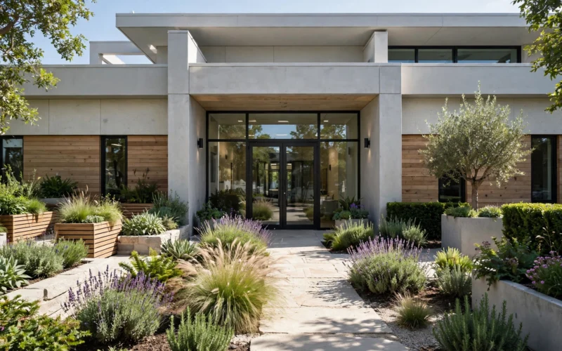 Modern mental health facility entrance with a garden