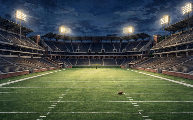 Illustration of a floodlit college football stadium with a football on the turf and no people
