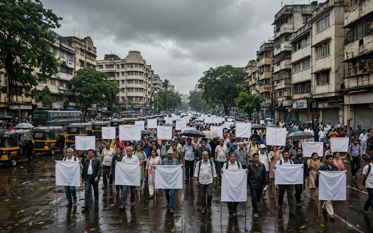 A large peaceful protest march on a Mumbai street under a cloudy sky.