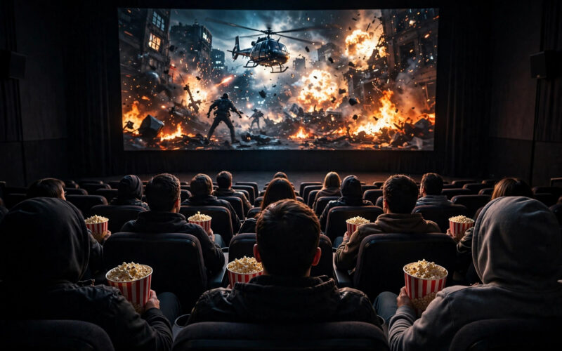 Cinema auditorium with audience watching a film on a glowing screen