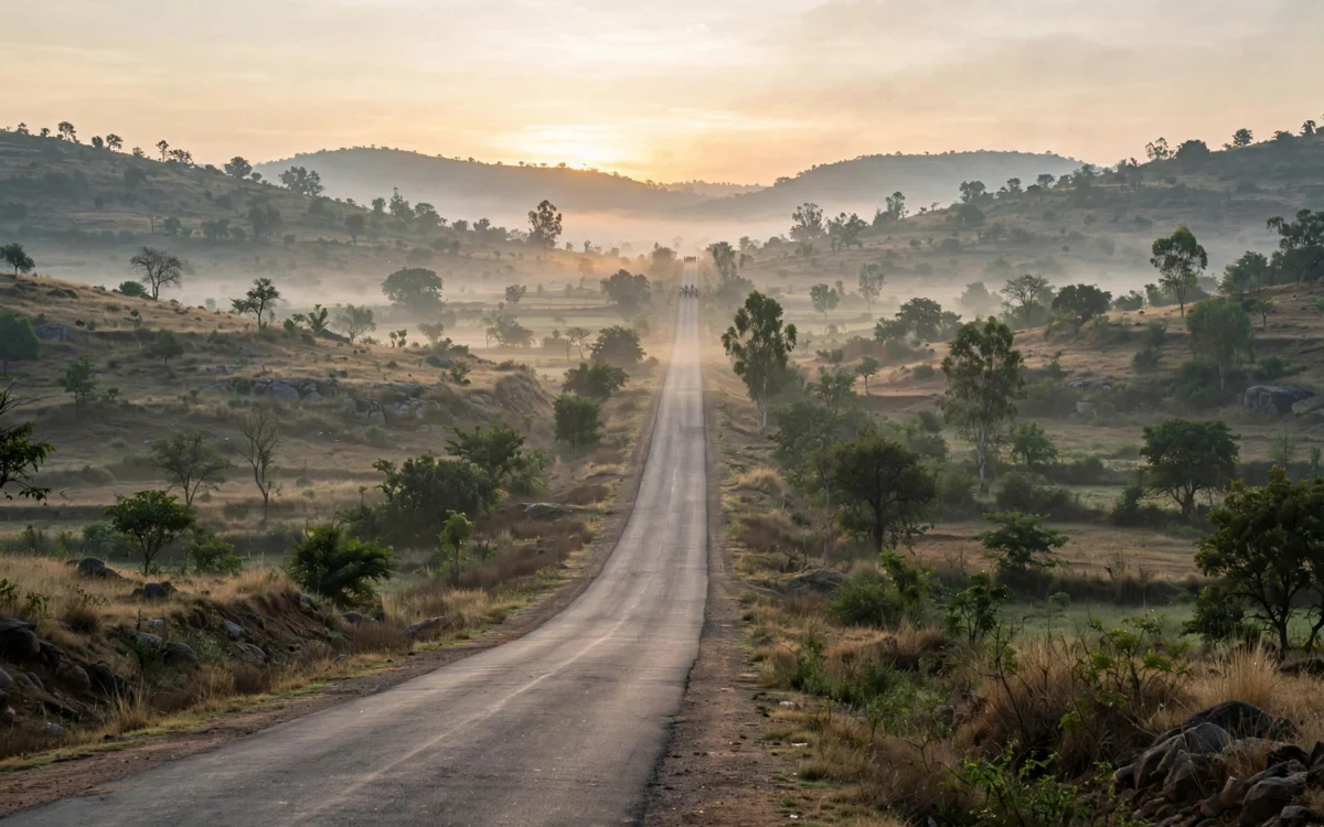 Rural Maharashtra highway at sunrise with a distant procession of marching students far away on the road.