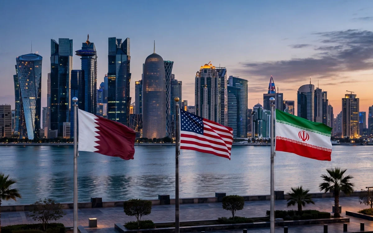 Doha skyline at dusk with flags, representing US-Iran diplomacy.