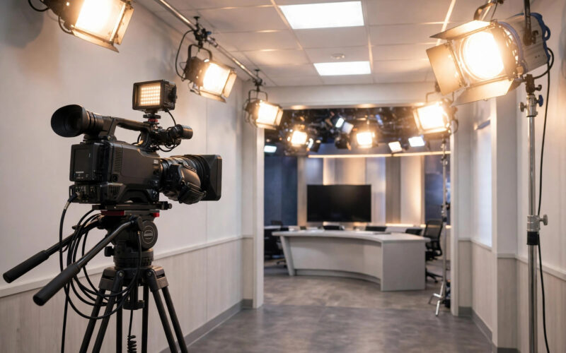 Empty television studio with cameras and lights where the Trump ad was aired