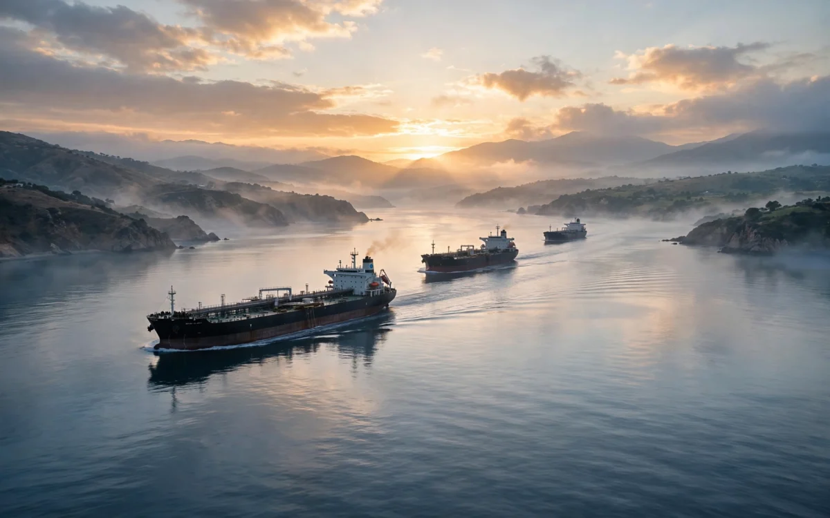 Oil tankers move through a narrow sea strait at dawn.