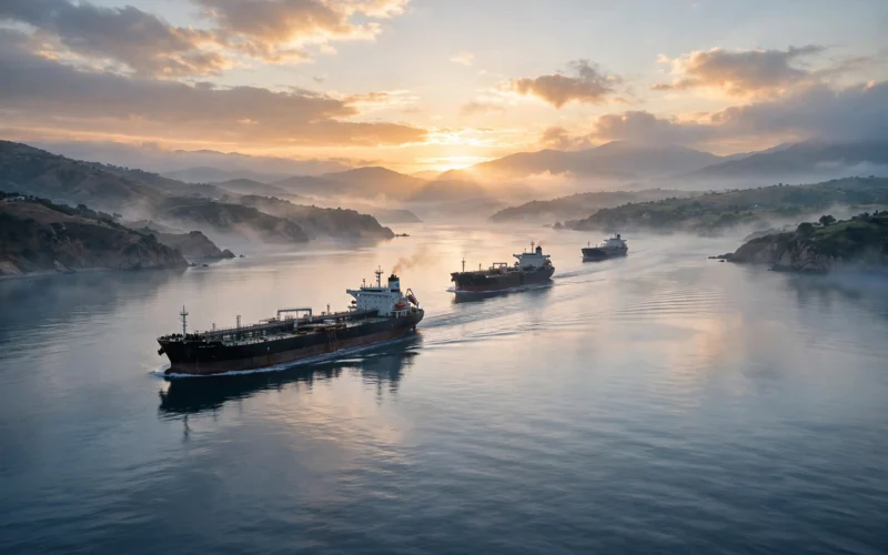 Oil tankers move through a narrow sea strait at dawn.