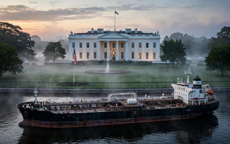 The White House at dawn with an oil tanker on dark water in the foreground.