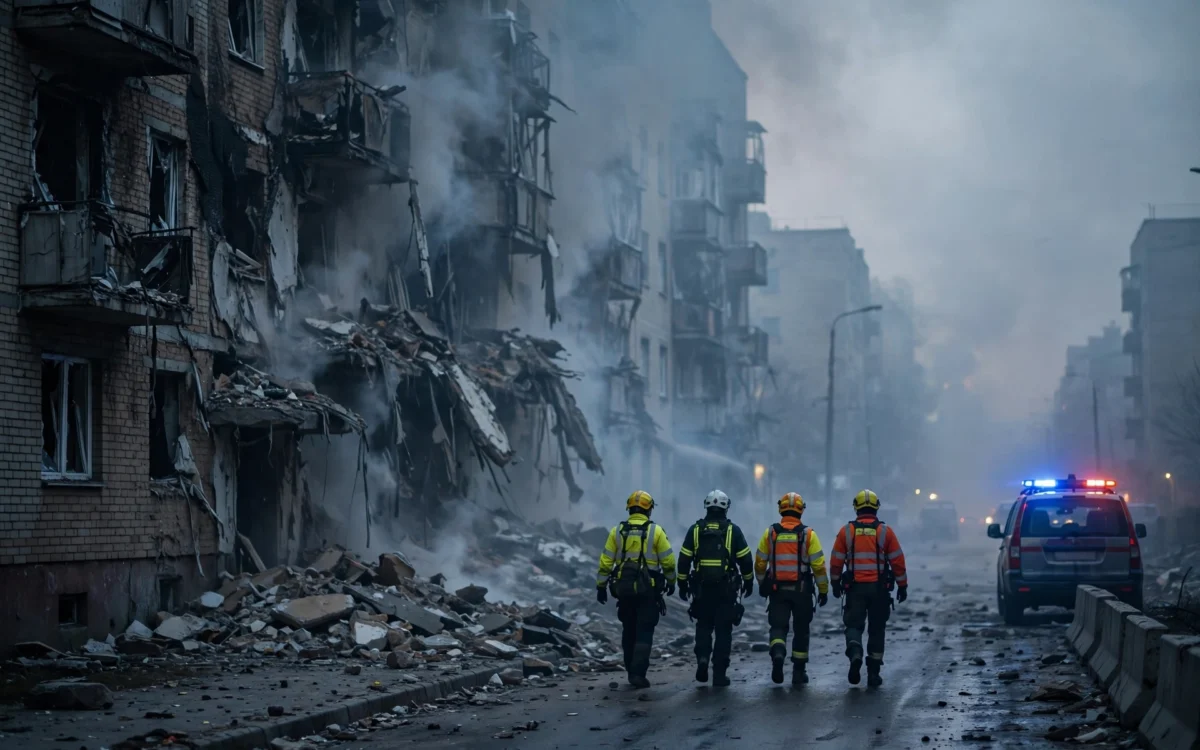 Damaged residential buildings after a strike in a Ukrainian city