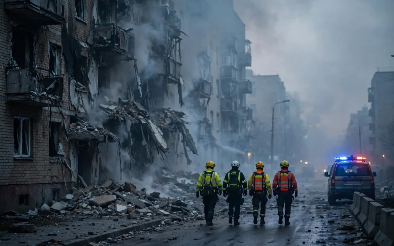 Damaged residential buildings after a strike in a Ukrainian city