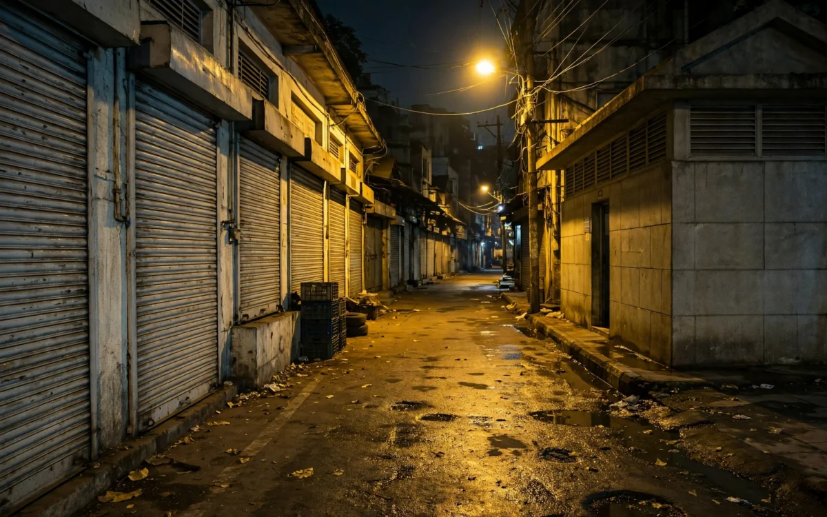 Quiet Mumbai street at night outside shuttered industrial workshops and a public toilet block under street lamps.
