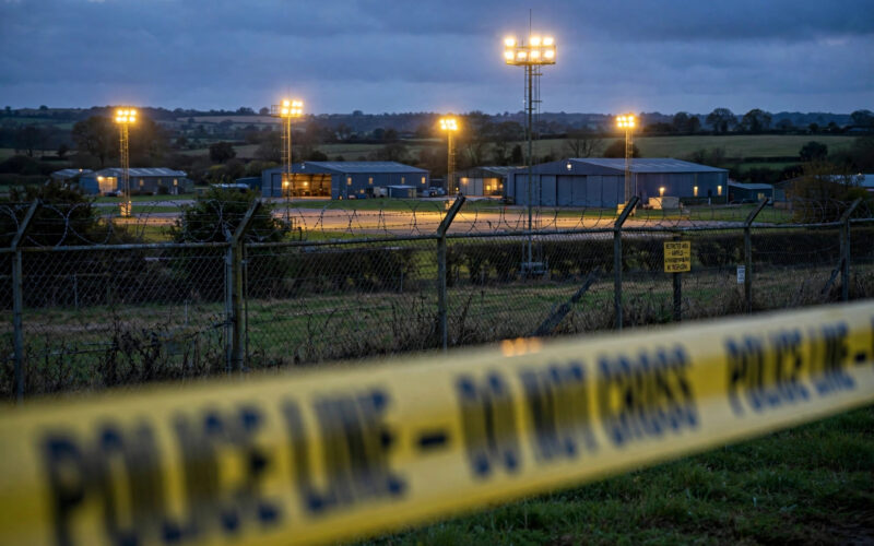 Perimeter fence of RAF Fairford airfield at dusk with floodlights after counter-terror arrests