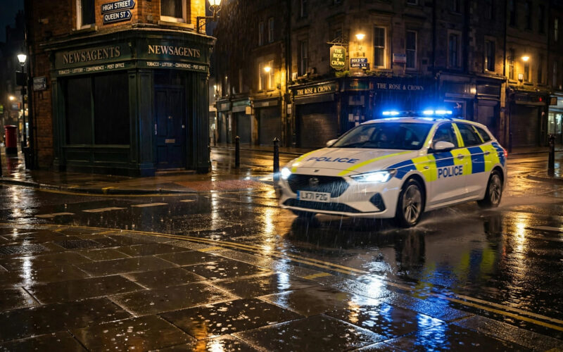 Night street in the UK with a police patrol car under streetlights