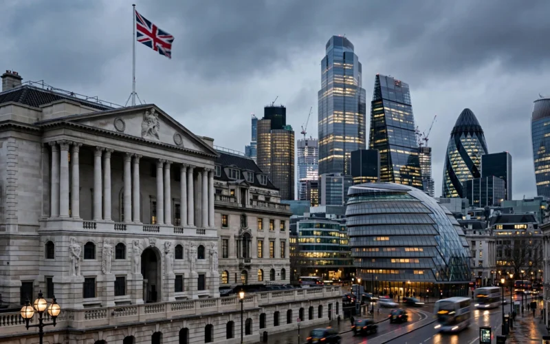 The Bank of England and City of London skyline at dusk