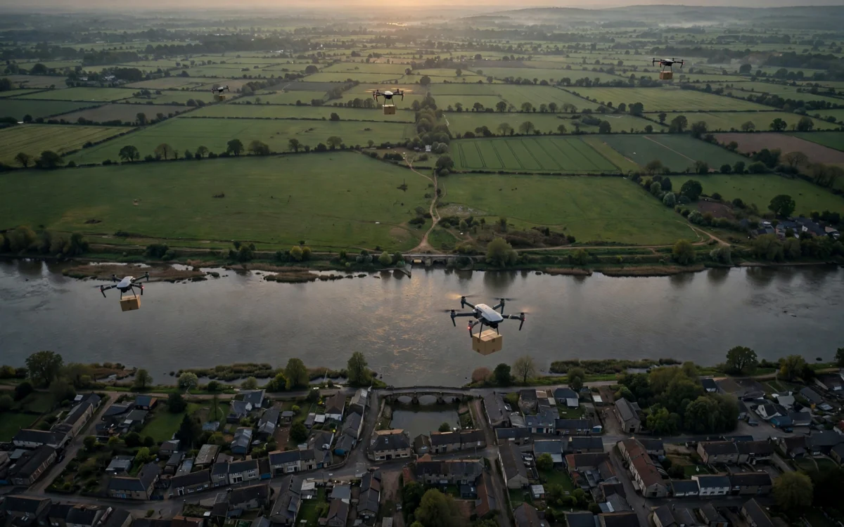 Drones delivering food parcels over a besieged riverside town at dusk