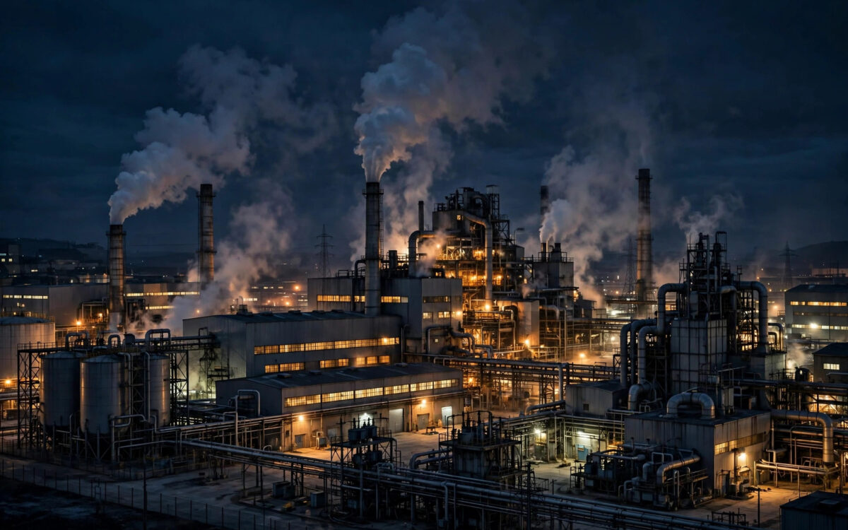 Illustration of an industrial factory complex at night with smoke rising from buildings.