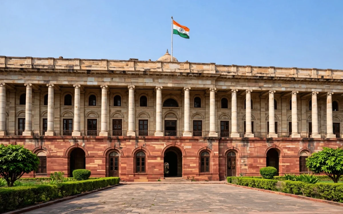 Facade of a historic colonial-era government building in New Delhi in daylight with a flag on the roof.
