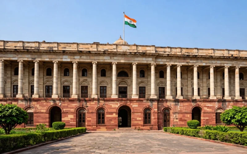Facade of a historic colonial-era government building in New Delhi in daylight with a flag on the roof.