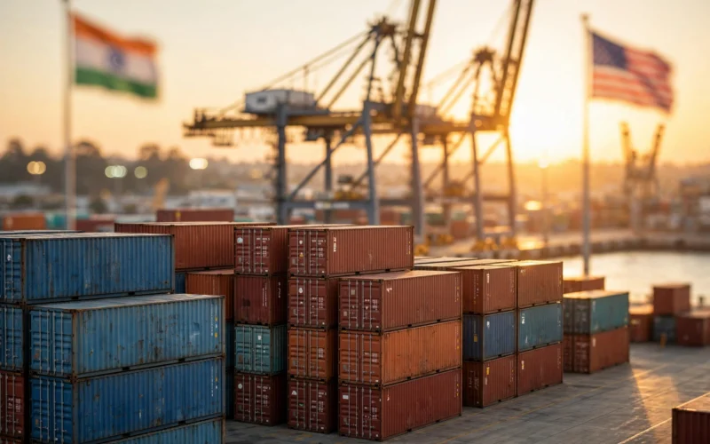 Cargo containers at a shipping port with flags blurred in background