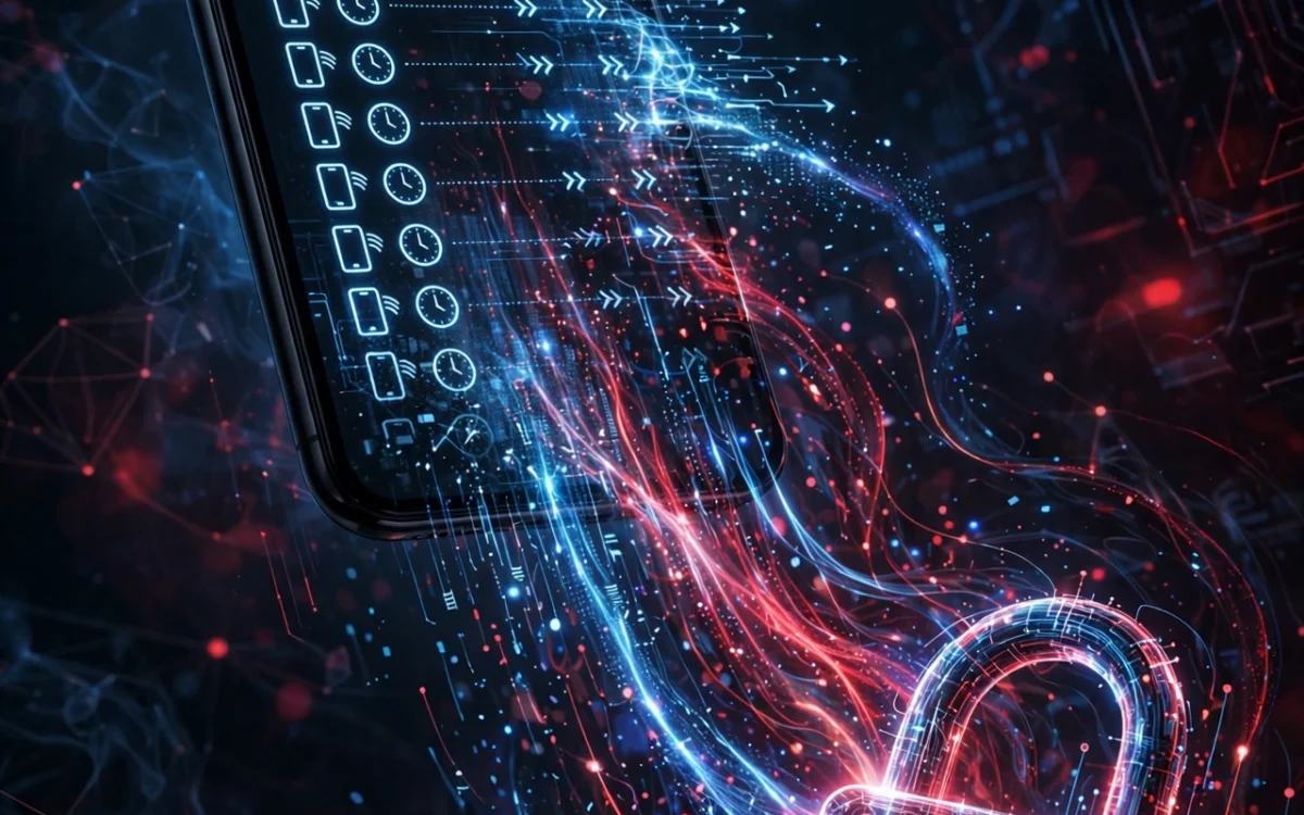 A smartphone with call log graphics dissolving into data streams against a dark cyber-security background.