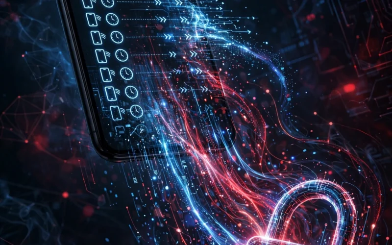 A smartphone with call log graphics dissolving into data streams against a dark cyber-security background.