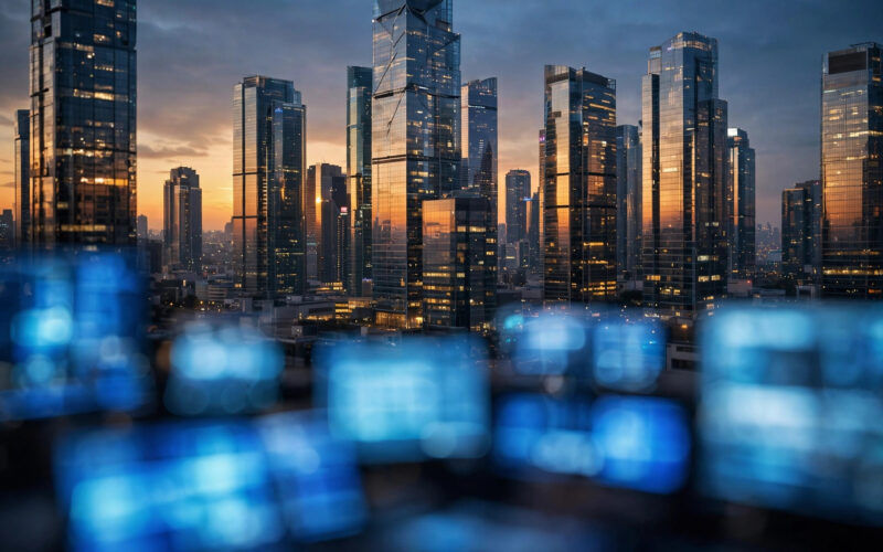Financial district skyline at dusk with glowing office towers