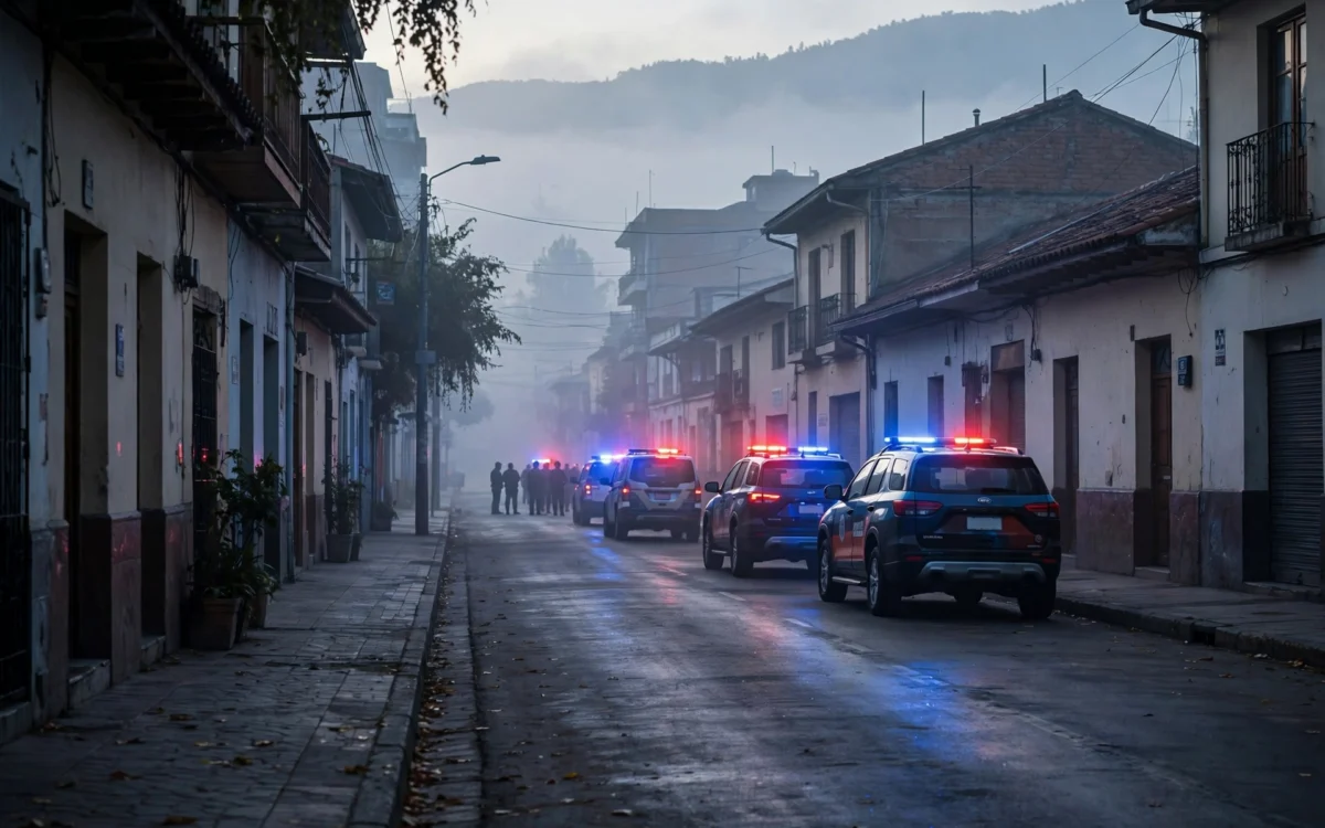 Police vehicles with flashing lights on a quiet street at dawn during a raid.