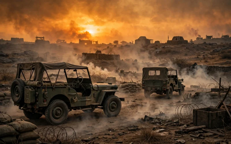 A smoky 1960s-era battlefield with vintage military jeeps at dusk, evoking the period war-drama setting of Love & War.