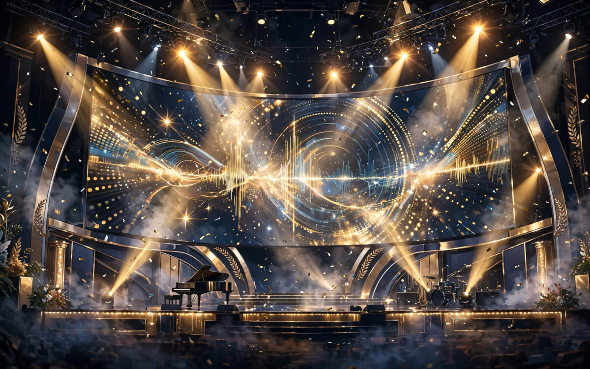 An illustration of a grand music awards stage with spotlight beams and a giant screen.