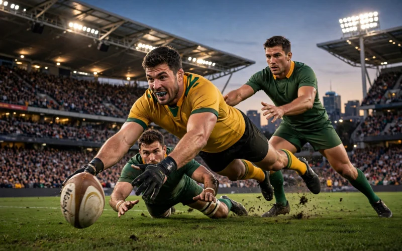 A Wallabies player in gold scoring a try against Springbok defenders in a packed Perth stadium.