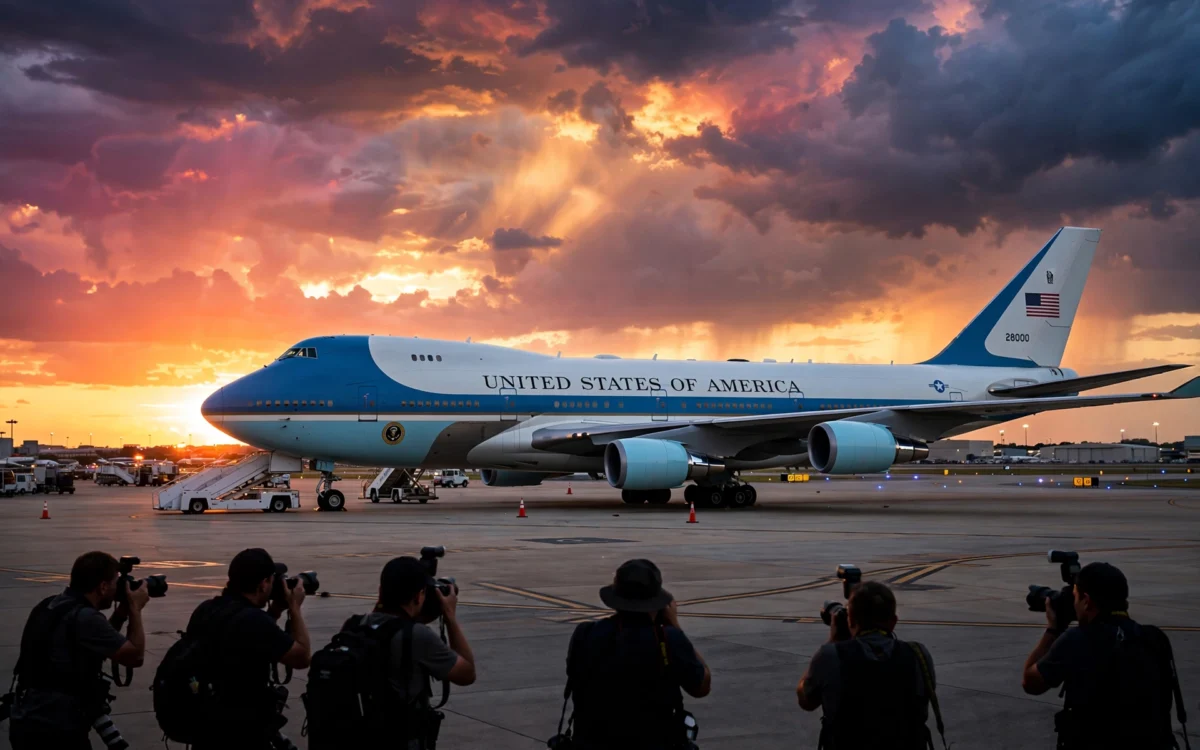 Air Force One on the tarmac with press photographers nearby